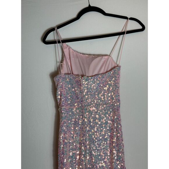 Midnight Doll One Shoulder Pink Sequin Gown with Front Slit Size 0 - Picture 6 of 7